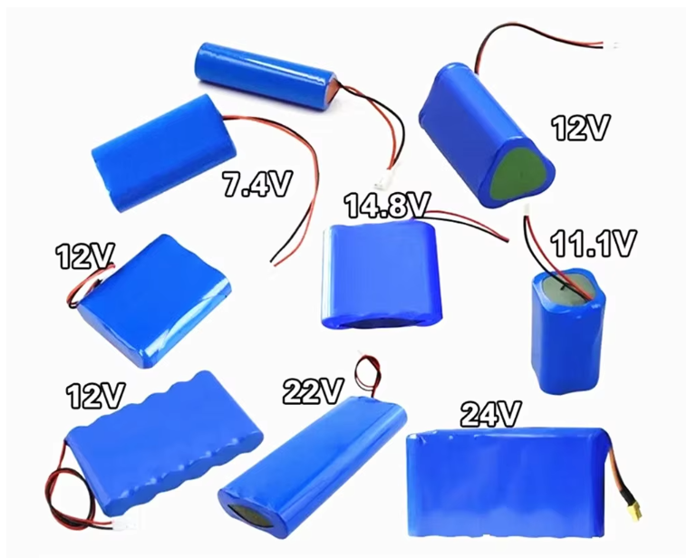 Blue DIY lithium battery pack assortment with wires and visible 12V, 11.1V, 14.8V markings