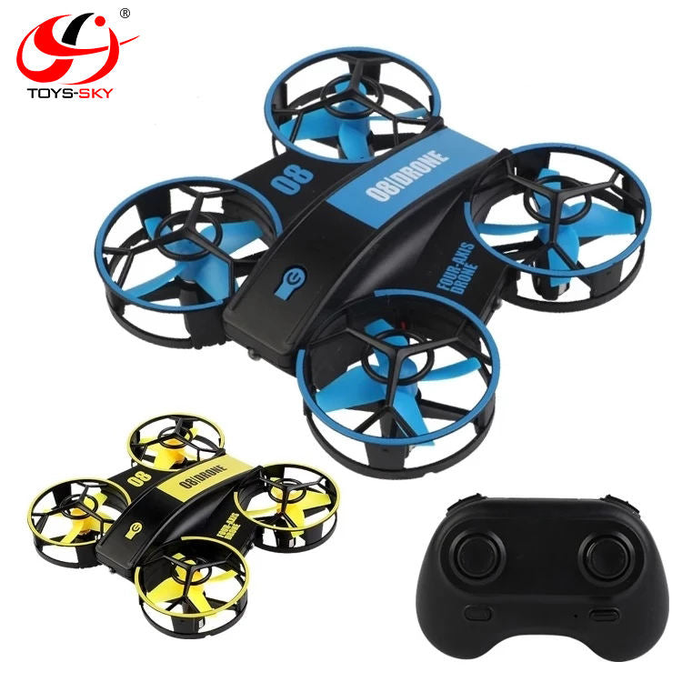 Blue-and-black mini quadcopter drone with four propellers and handheld controller