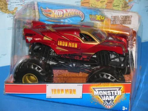 Hot Wheels Monster Jam diecast truck, red Iron Man MAX-D with monster wheels