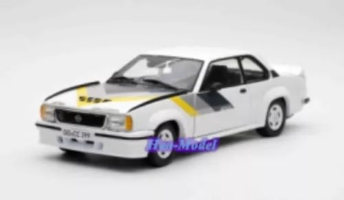 1/18 diecast race car model, white with black and yellow stripes, front three-quarter view
