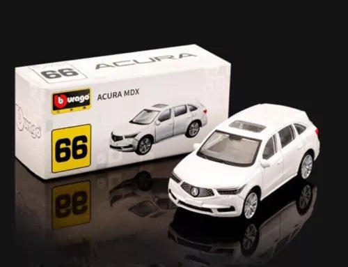 1:64 Acura MDX diecast model car with box, white sedan with black trim.