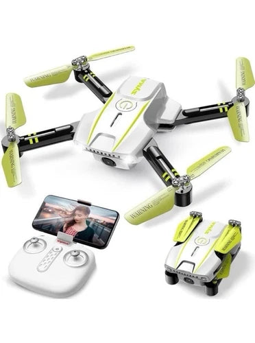 White and green camera drone quadcopter with remote controller and phone screen