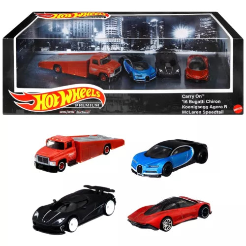 Hot Wheels Premium collector set diecast cars: four assorted sports cars in red, blue, black