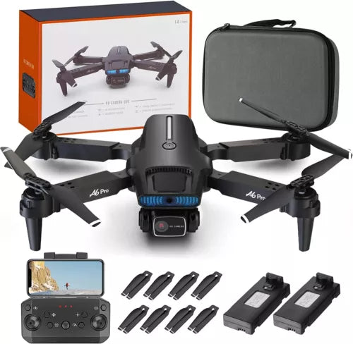 Foldable RC quadcopter drone with camera, controller and extra batteries in carrying case