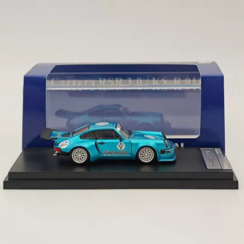 1/64 scale blue and turquoise diecast model car in clear display case