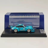 1/64 scale blue and turquoise diecast model car in clear display case