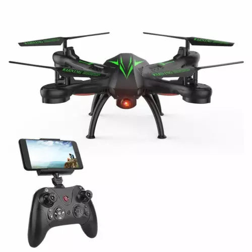 Quadcopter drone with camera, green accents, and controller with screen