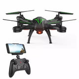 Quadcopter drone with camera, green accents, and controller with screen