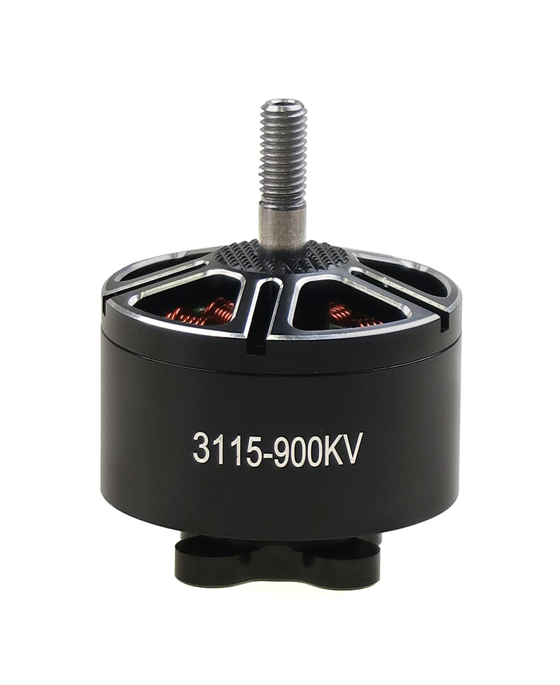 Brushless drone motor, black cylinder with 3115-900KV label and silver mounting shaft