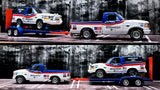 White and blue diecast toy pickup trucks with red trailer hitch and tow dolly