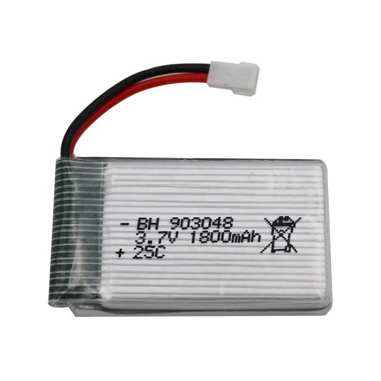 Small LiPo drone battery with red/black leads, white connector; 903048 1800mAh label