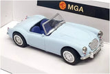 Pale blue MGA 1/43 scale diecast car with chrome grille and open cabin