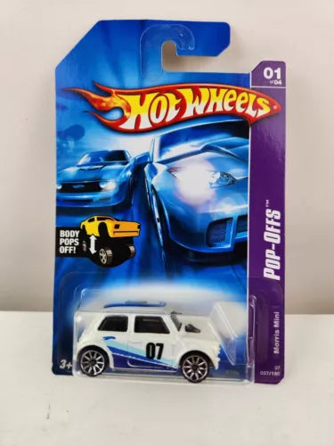 1:64 diecast mini cooper car in Hot Wheels blister pack, white with blue graphics