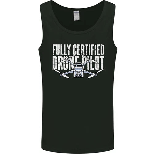 Men's black sleeveless crewneck tank top with white drone graphic print