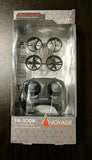 Palm-size high-performance drone in retail box, showing four propellers, silver