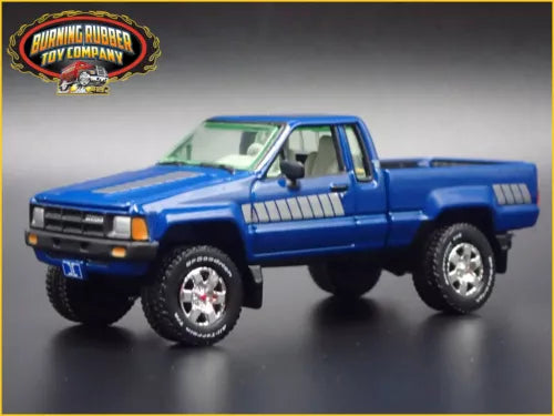 Blue 1984-1988 Toyota SR5 pickup die-cast model truck with chrome wheels, front three-quarter view