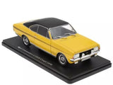 Yellow classic coupe die-cast model car on black display base