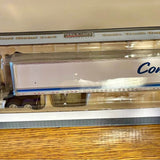 Diecast Con-Way tractor trailer replica, white trailer with blue logo, in display box