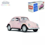 1/36 scale 1967 VW Beetle pink alloy diecast toy car, front 3/4 view
