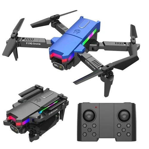 Foldable blue quadcopter drone with dual cameras and fold-out propellers; controller included