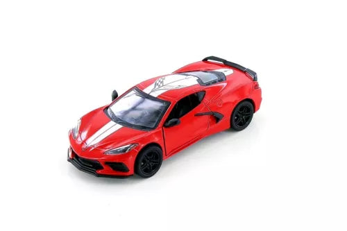 Kinsmart 1:36 diecast toy car, red Corvette C8, front 3/4 view