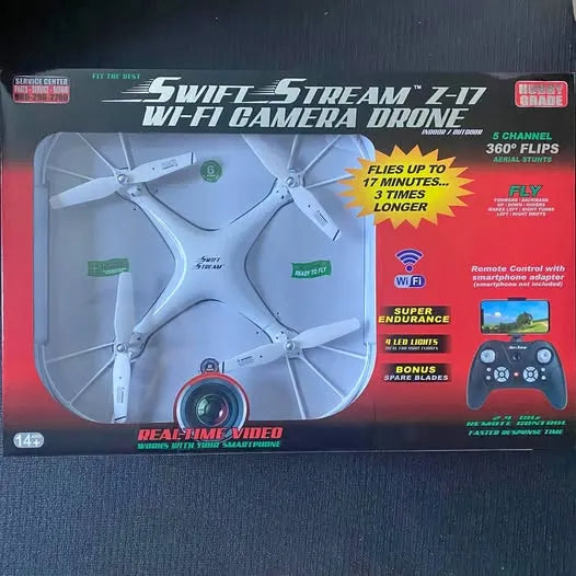 Wi‑Fi camera drone box with quadcopter artwork and feature icons