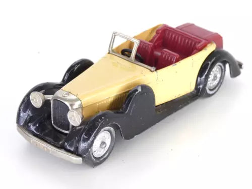 Cream convertible toy car with maroon interior, black wheels and silver grille