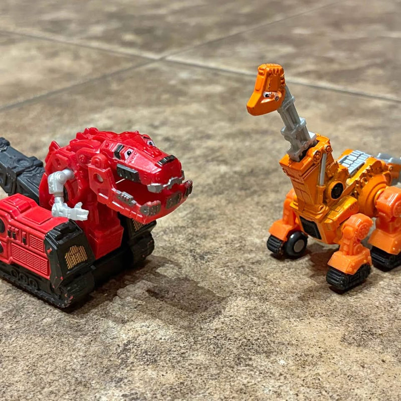 Orange and red diecast metal toy tractor vehicles with mechanical arms