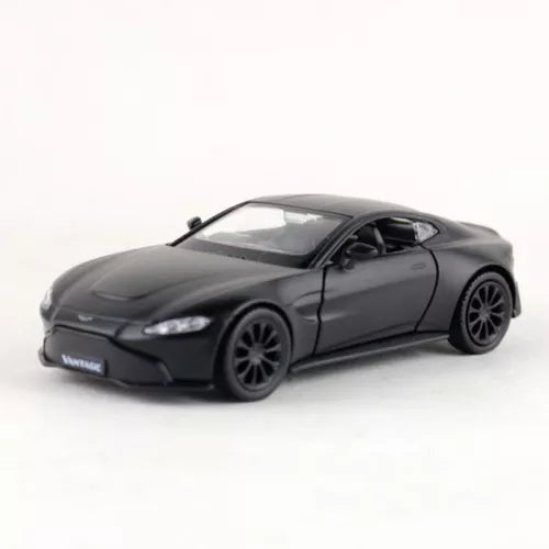 Aston Martin Vantage diecast model car, dark black coupe with detailed wheels