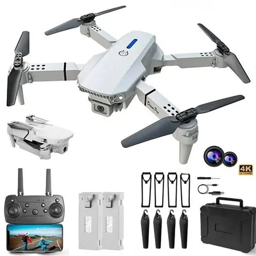 Foldable FPV drone with dual 4K cameras, controller and spare parts in view