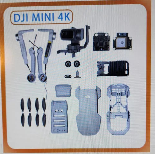DJI Mini 4K drone parts and accessories kit, various components laid out on board