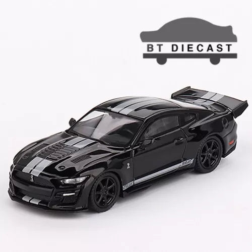 Black diecast model car with gray racing stripes, front three-quarter view