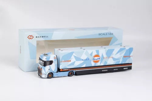 1:64 diecast truck toy, white cab with blue and orange stripes