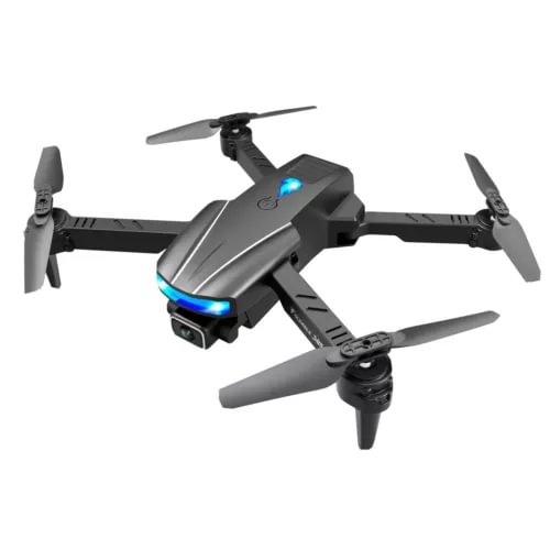 Quadcopter drone with four propellers, camera module, and blue LED lights