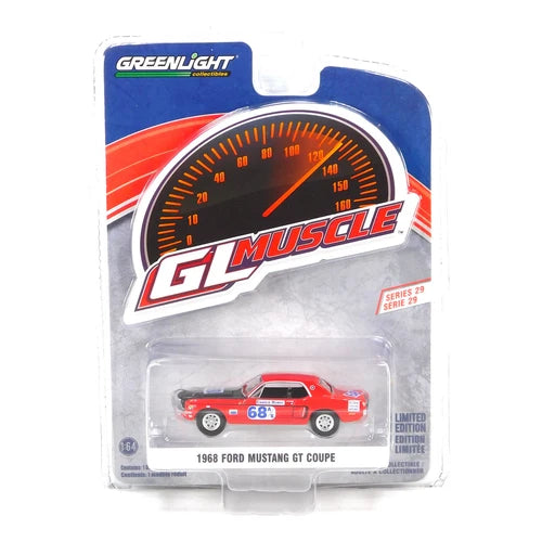 Red 1968 Ford Mustang GT coupe 1:64 diecast toy car in blister pack