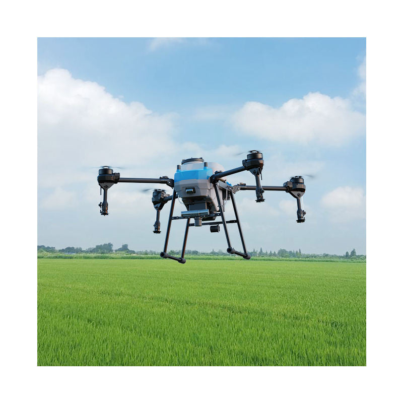 Agricultural spraying drone with quad rotors and onboard spray tank, gray and black