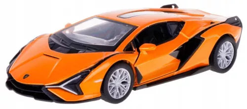 Orange diecast model car, 1:36 scale, front three-quarter view