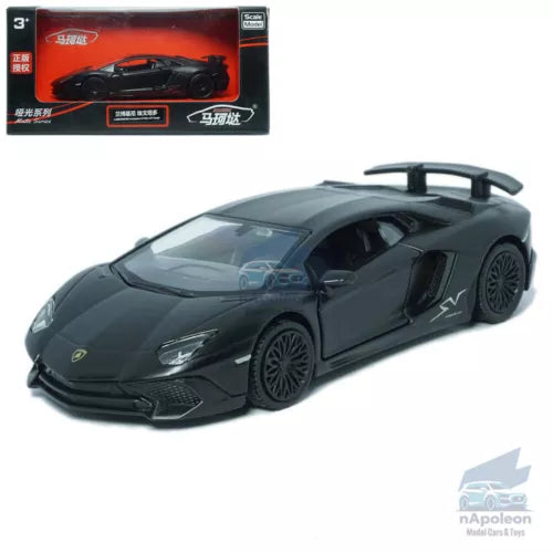 1:36 diecast sports car model, dark black finish, detailed wheels and front lights