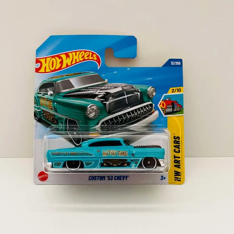 Hot Wheels diecast Custom '53 Chevy on short card, turquoise car