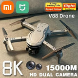 Light gray quadcopter drone with dual cameras and gimbal, four propellers