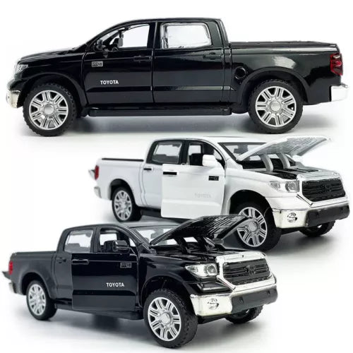 1:36 diecast Toyota pickup truck toy set, black and white with open doors