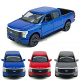 Blue 1:36 diecast pickup toy truck with black grille; also red and gray front views