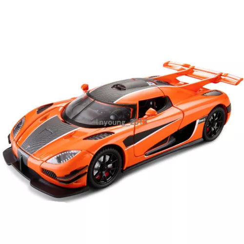 Koenigsegg One:1 1:24 diecast model car, orange and black sports car with open cockpit