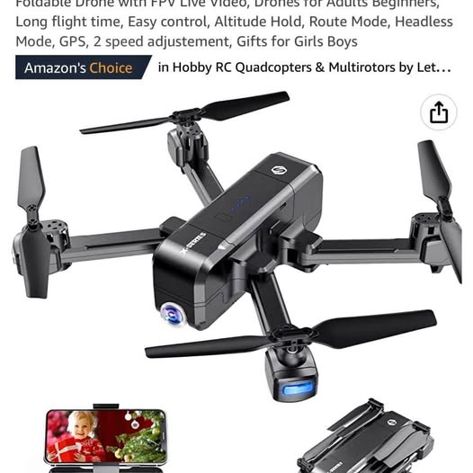 Foldable camera drone with front lens and four propellers, black and gray