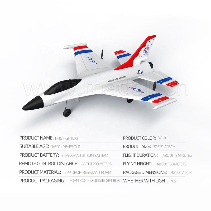 White RC foam fighter jet plane with red and blue stripes and landing wheels
