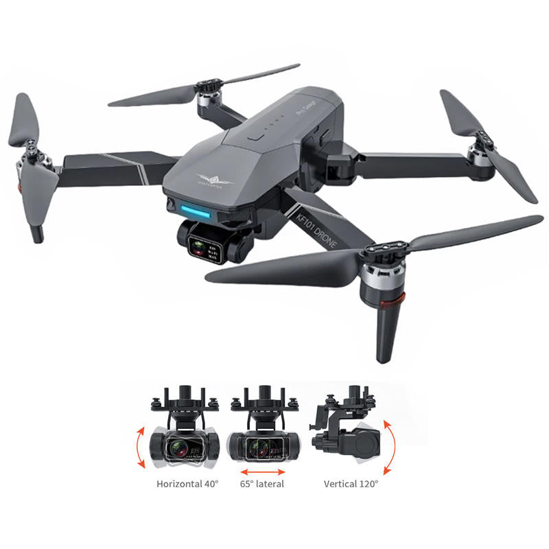 Gray FPV quadcopter drone with 3-axis gimbal camera and four propellers