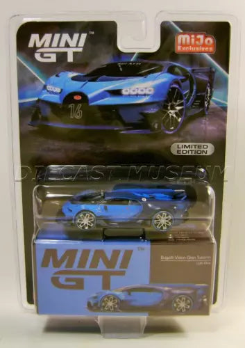 Light blue diecast model car in retail blister packaging, MINI GT branding and Limited Edition label