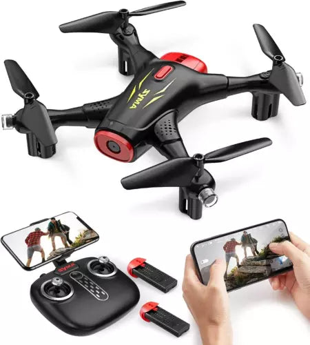 Black mini quadcopter drone with camera, controller and phone FPV view