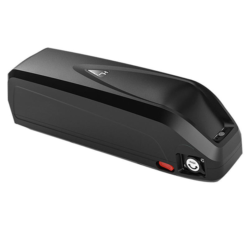 Lithium-ion ebike downtube battery, black, with LED panel and red indicator