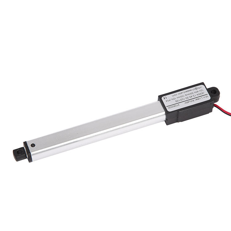 Mini linear actuator with metal rod and black motor housing, red and black wires